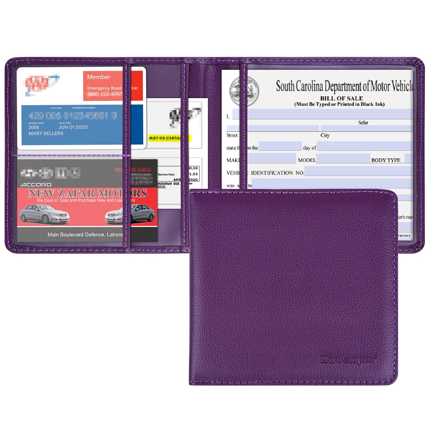 wisdompro Car Registration and Insurance Documents Holder - Premium PU Leather Driving Licence Holder Paperwork Wallet Case Organizer for Vehicle Documents and Cards - Purple