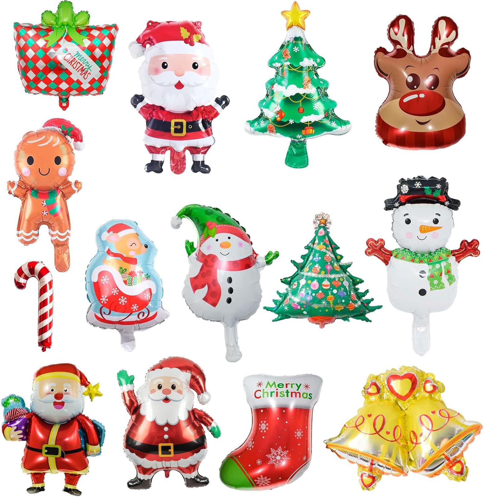 Christmas Foil Balloons 15 Pcs Merry Party Decorations Santa Claus Snowman Tree Bell Candy Cane Gift Elk Reindeer Sock Gingerbread Aluminum for Xmas New Year Decor (B188-29E)
