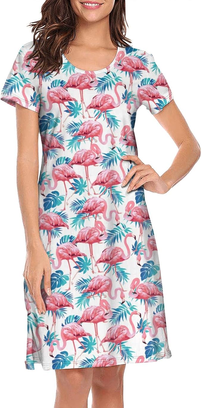 Cotton Short Sleeve Nightgowns Women's Animal Flamingo with Flower