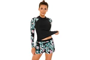 OBEEII Women Long Sleeve Swimsuits Two Piece Rash Ruard UV UPF 50+ Swim Shirt with Boyshort Bottom Bathing Suit