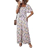 Happy Sailed Womens Summer Jumpsuits Floral Printed Short Sleeve High Waisted Pockets Wide Leg Rompers Beach Vacation Outfits