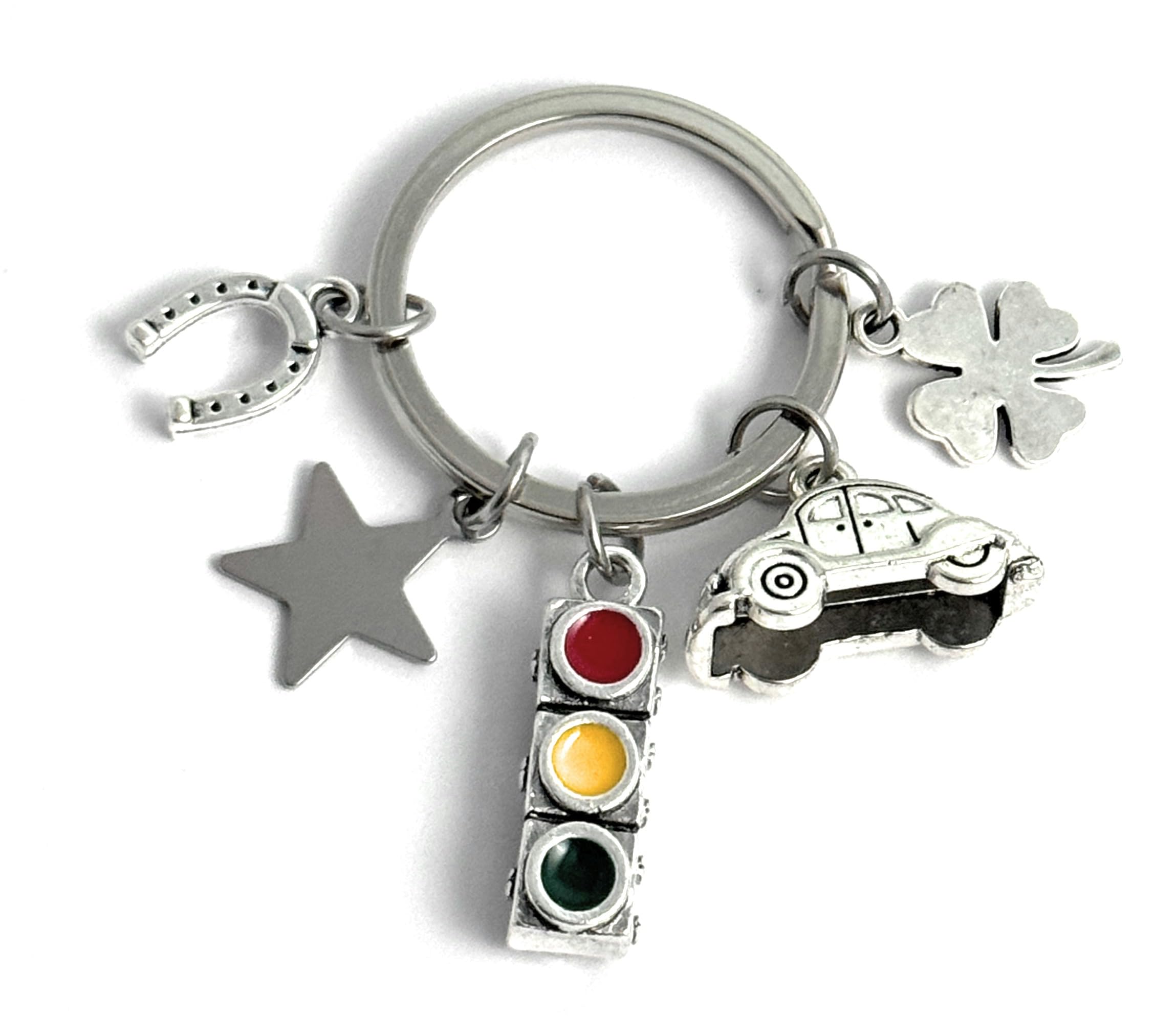 FizzyButton Gifts Driving Test Charm Keyring Key Ring in Gift Bag with Traffic Light, Horseshoe, Four Leaf Clover, Car and Star Charms
