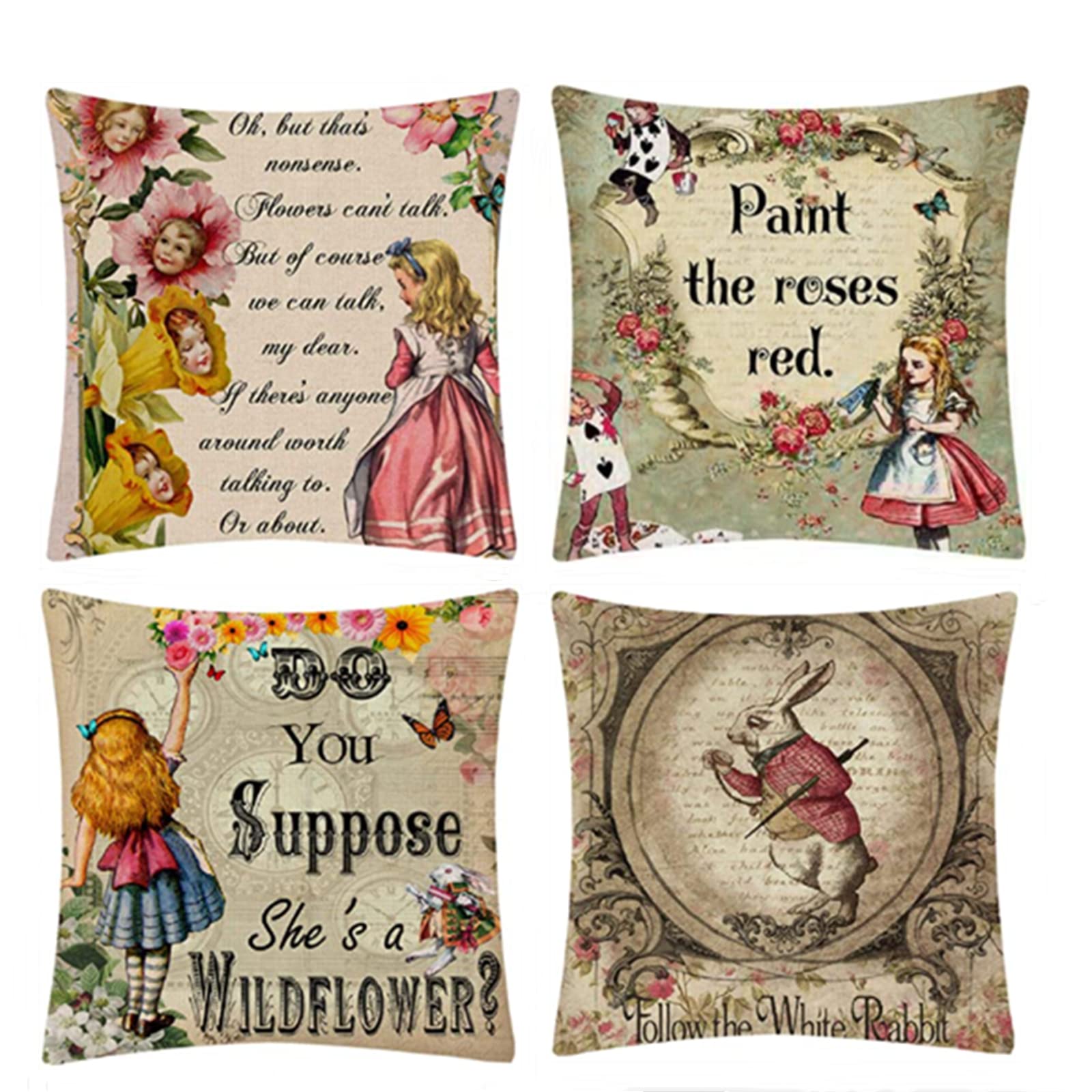 Morjakey Decorative throw Pillows for couch 18x18 Set of 4 Cotton Cushion Covers for Alice in Wonderland decorations, Retro Throw Pillows for Living Room Home Sofa Bed aesthetic Decor