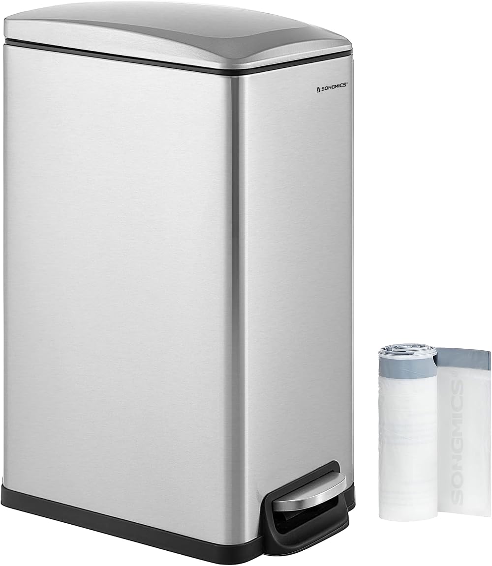 SONGMICS 48L Slim Kitchen Bin Stainless Steel with Soft-Close Lid