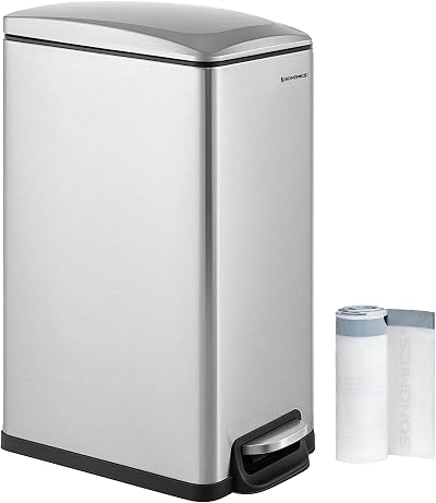 SONGMICS 48L Slim Kitchen Bin Stainless Steel with Soft-Close Lid