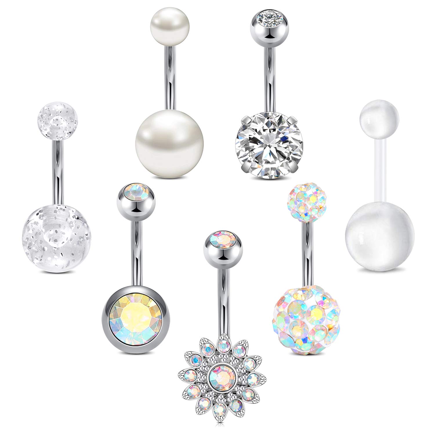 Funseedrr Surgical Steel Belly Bars Belly Button Piercing Rings Set 10mm 14G CZ Crystal Flower Navel Piercing Bars