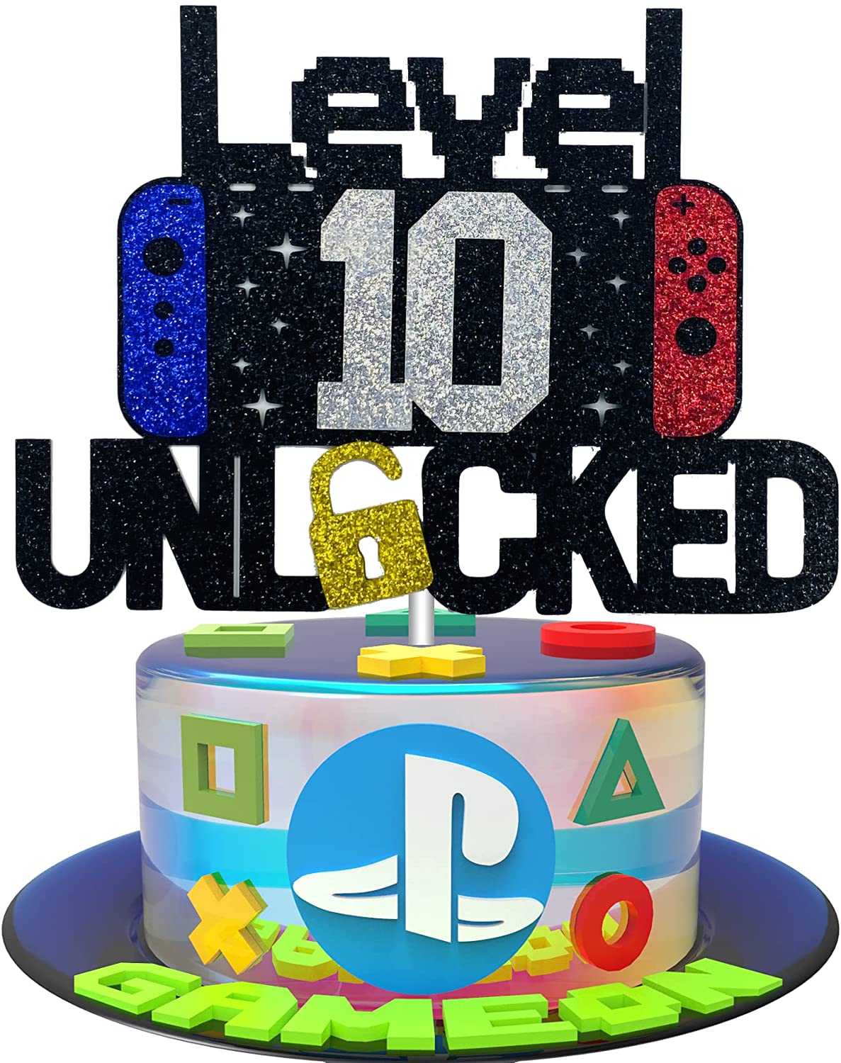 Photo 1 of 10th Birthday Video Game Cake Topper Level 10 Unlocked Cake Topper for Kids Boy Girl 10-Years-Old Birthday Party Decoration