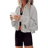 Panadila Women's Cropped Waffle Knit Shacket Short Button Down Jacket Batwing Sleeve Shirts with Pocket