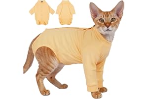T'CHAQUE Cat Surgery Recovery Suit, Anti-Licking Onesie for Post-Spay/Neuter Abdominal Wound, Cat Recovery Suit with Adjustable Drawstring Collar - Long Sleeve Kitten Surgical Onesie, Orange, M