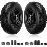 Upgraded 16" Flat Free Wheelbarrow Tire and Wheel, 4.80/4.00-8 Heavy Duty Solid Tire with 5/8" &amp; 3/4" Bearings, 3"-7" Adjustable Hub - Universal for Wheelbarrows, Garden Trailer/Hand Truck - Black