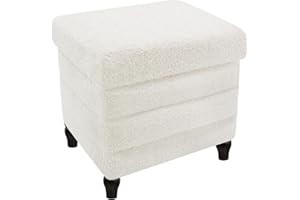 CAROLMADE Folding Storage Ottoman Cube Sherpa Footstool with Wood Legs Ottoman Footrest for Living Room and Bedroom, White 15"x12.6"x15.4"