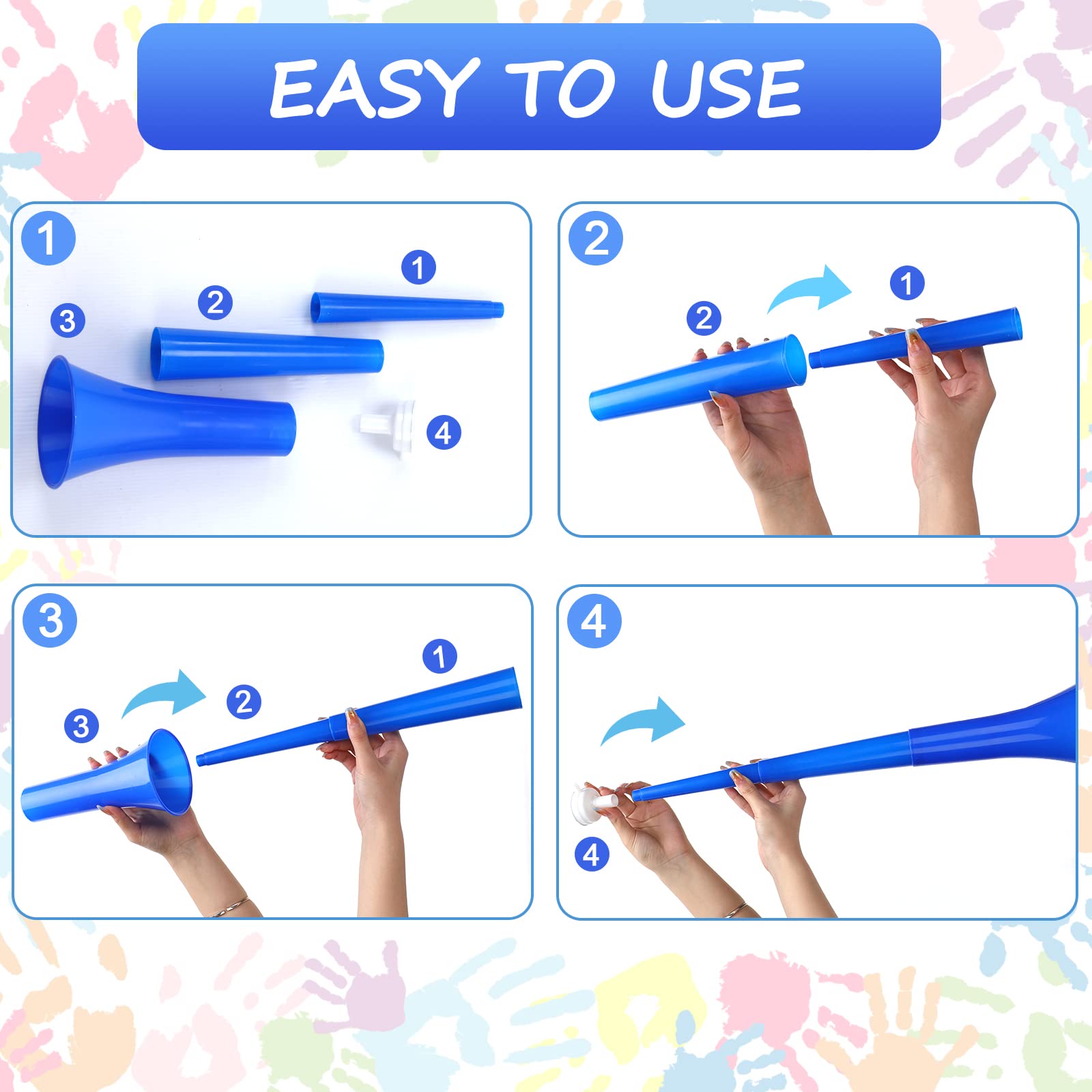 Sosation 4 Pieces Collapsible Stadium Horn 24 Inch Vuvuzela Plastic Trumpet Horn Blow Noisemakers for Sporting Events Football Games School Sports Party Supplies Favors Accessories(Blue)