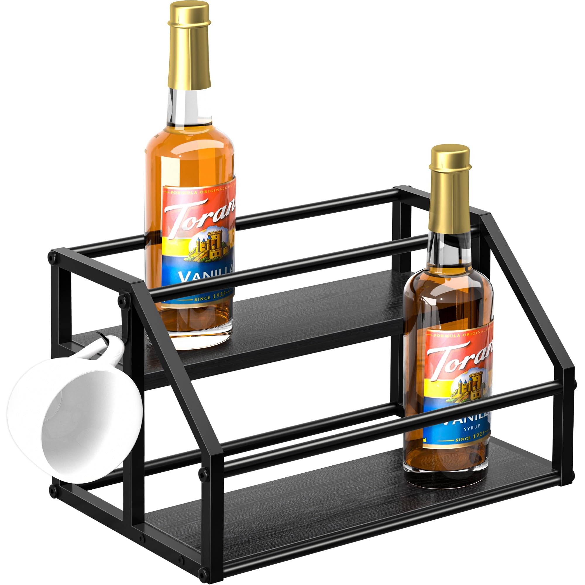 Photo 1 of **MISSING HARDWARE** Coffee Syrup Rack Organizer, Syrup Bottle Holder Stand for Coffee Bar, 2-Tier 8 Bottles Storage Shelves for Syrup, Wine, Dressing for Kitchen Countertop, Black