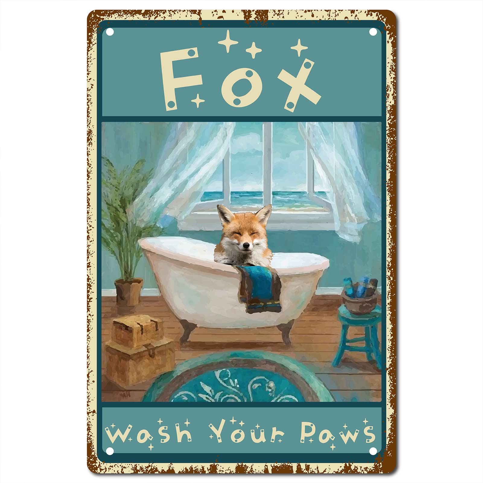 CREATCABIN Funny Bathroom Tin Sign Fox Wash Your Paws Signs Vintage Wall Art Decoration Plaque Farmhouse Artwork for Bathroom Home Garden Bar Pub Cafe Decor Halloween 8 x 12 Inch