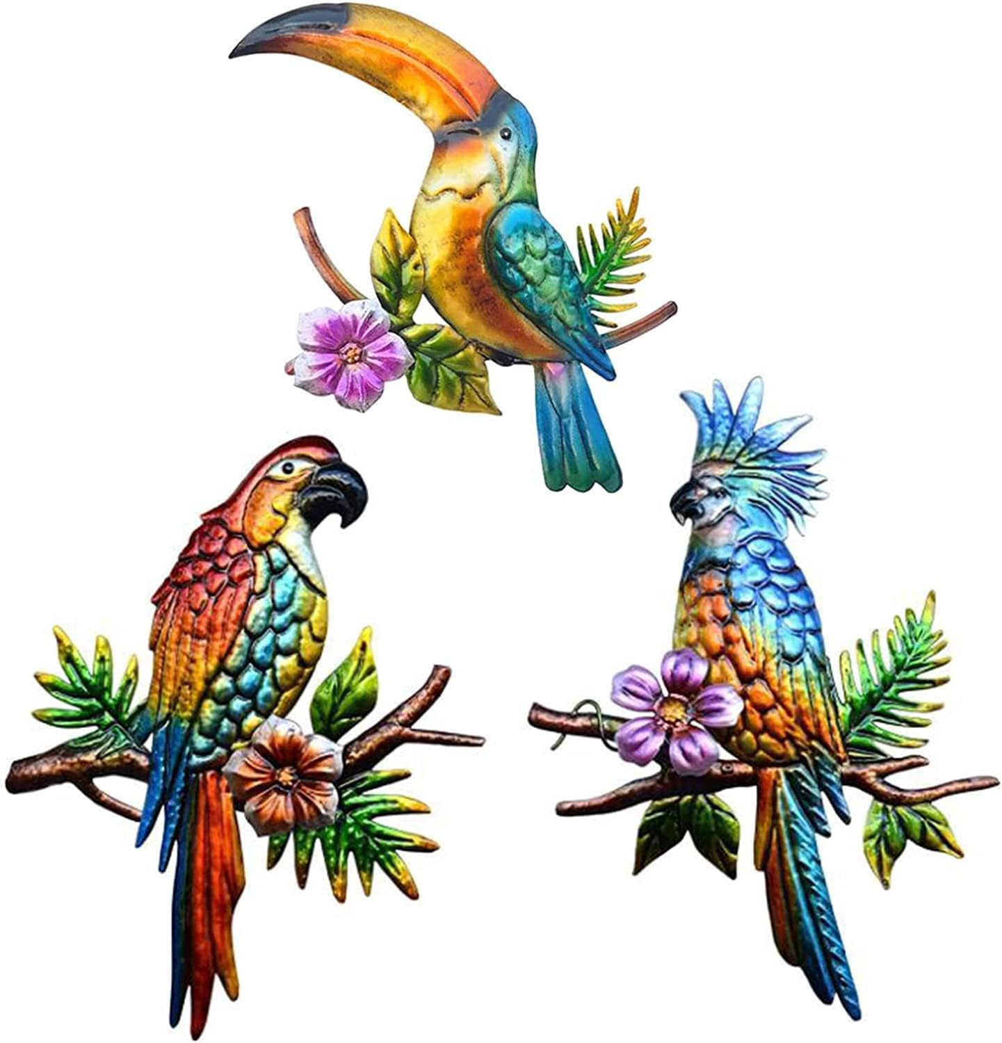 Plaques & Wall Art - Voumsil 3 PCS Metal Birds Wall Decor Parrot Toucans Tropical Wall Art Outdoor Wall Sculpture for Patio Balcony Garden Fence Wall Decor for Bedroom Living Room Indoor Wall Hanging
