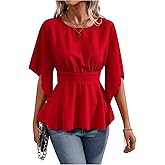 SweatyRocks Women's Asymmetrical Ruffle Blouse Crewneck Half Sleeve Work Office Shirts Peplum Top