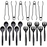 Disposable Plastic Serving Utensils Set - 18 Pack for Parties and Events - Heavy Duty Plastic - Black 10" Spoons, Forks, and 