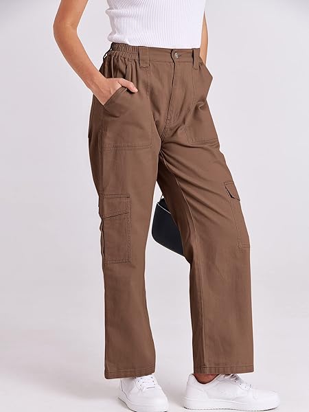ANRABESS WOMEN’S CARGO PANTS HIGH WAISTED BAGGY MULTIPLE POCKETS CASUAL TRENDY FASHION RELAXED FIT Y2K TROUSERS BROWN MEDIUM