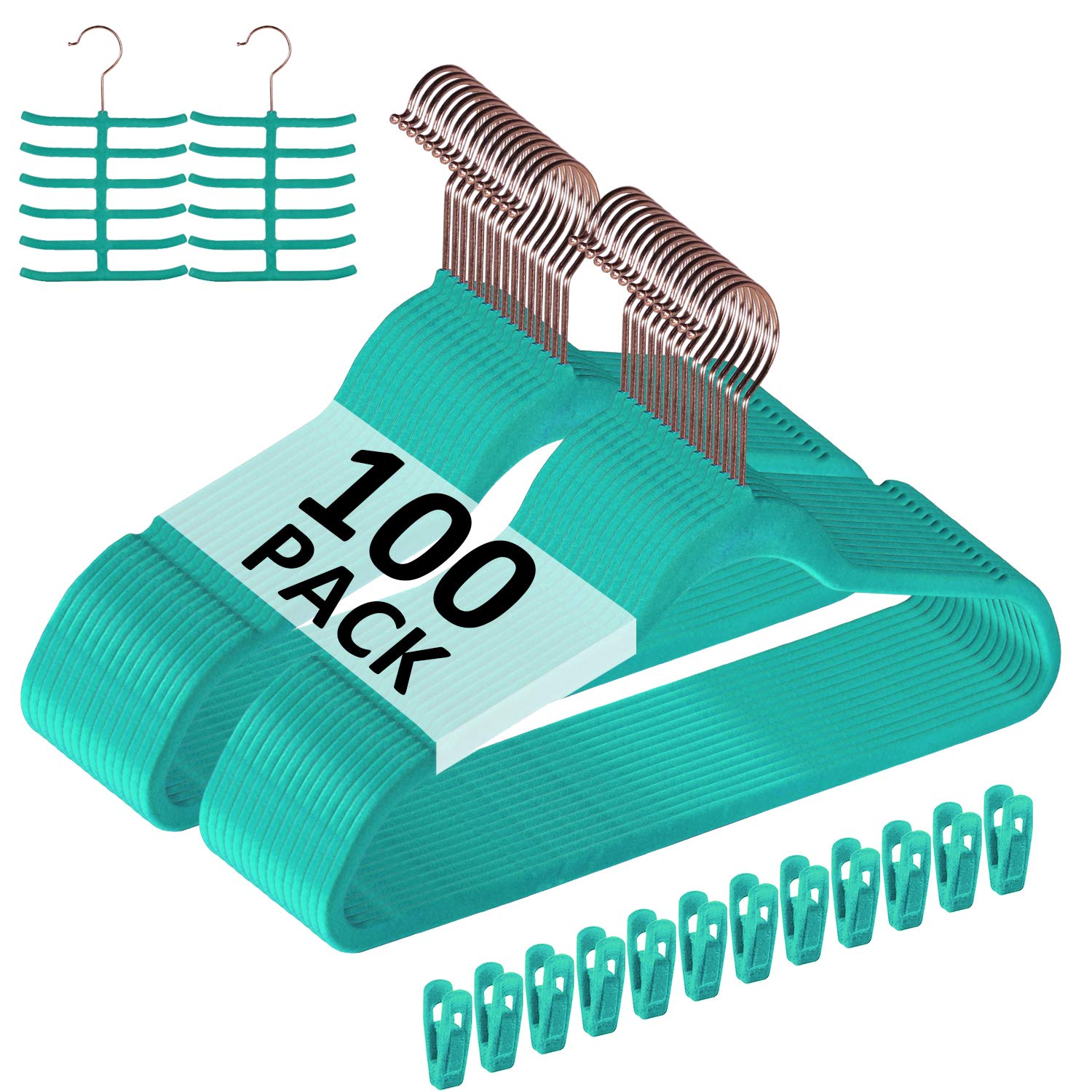 VECELO Premium Velvet Clothes Hangers Suit Heavy Duty (100 Pack)-Non Slip & Space-Saving with 12 Finger Clips & 2Tie Rack Excellent for Men and Women,Teal Image