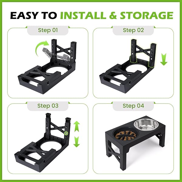 ELEVATED DOG BOWLS 5 ADJUSTABLE HEIGHT, 2 STAINLESS STEEL BOWLS, 1 SLOW FEEDER