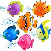 BOHS Squirting Bath Toys, 6 Floating Rubber Fish with Mesh Storage Bag | Soft and durable; easy-grip size for little hands; bright colors; sensory water play; pool and playroom fun