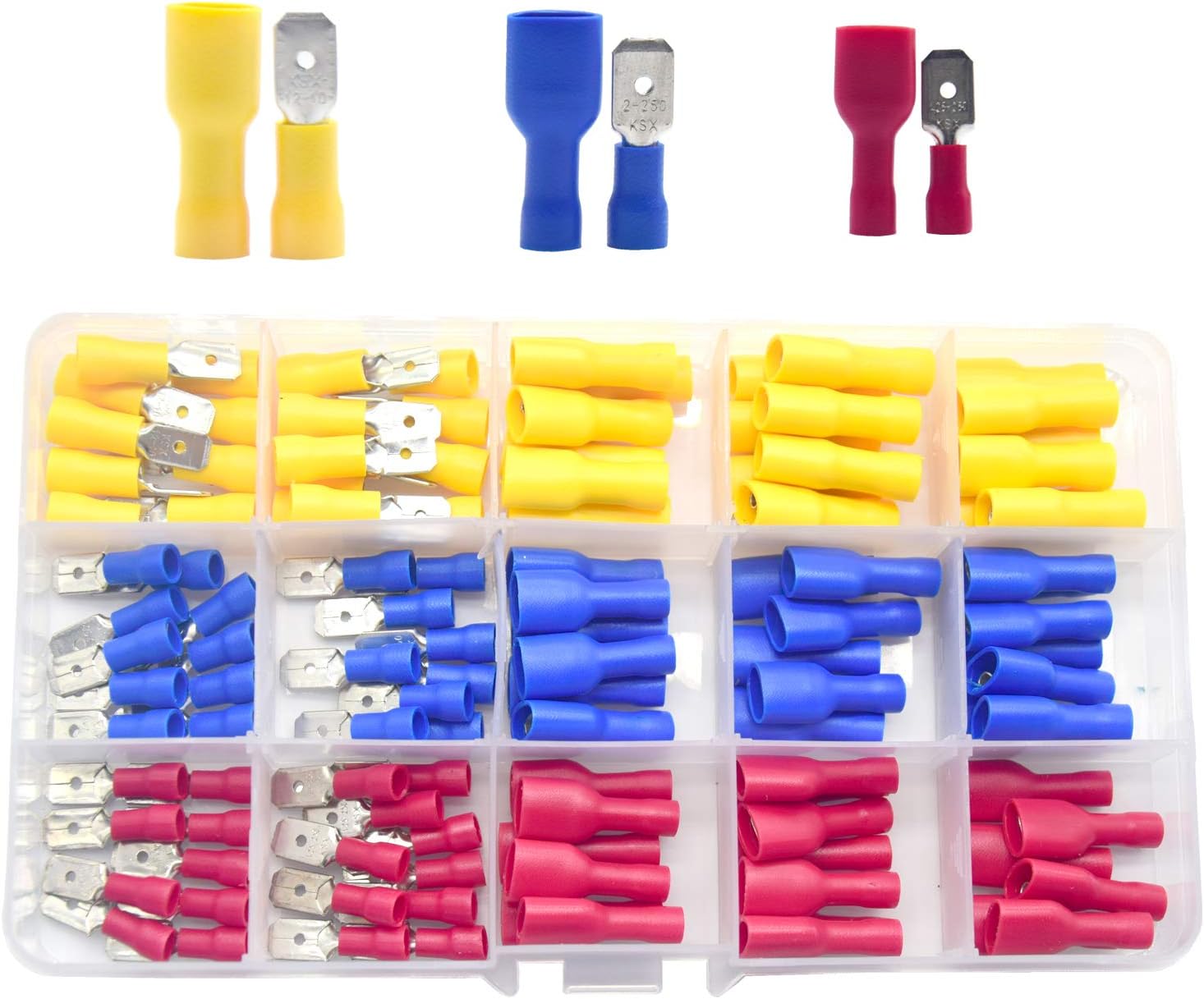 Yosawo 120 Pieces AWG 22-16 16-14 12-10 PVC Fully Insulated Male/Female Spade Quick Disconnect Electrical Insulated Crimp Terminals Connectors Set(PVCGM)