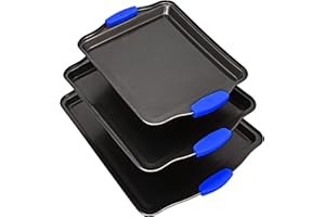 PERLLI Cookie Sheets for Baking Non Stick Oven Pan Tray Baking Sheet 3-Piece Set (Small, Medium & Large) Carbon Steel BPA Free Cooking and Baking Trays for Cakes and Cookies with Blue Silicone Grips