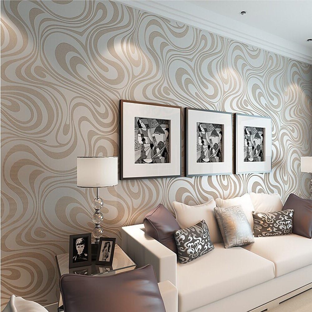 KeTian Modern Luxury 3D Abstract Curve Wallpaper Non-Woven Flocking Strips for Living Room/Bedroom Wallpaper Roll 0.7m (2.29' W) x 8.4m (27.56' L) = 5.88㎡ (63.11 sq.ft) (Cream&Silver&Gray) - Image 5