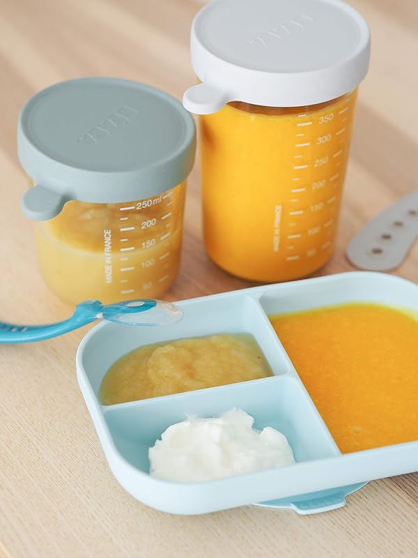 Conjunto de comida, Prato de silicone compartimentado com ventosa + Colher de silicone, adere à mesa/cadeira alta, compatível com micro-ondas, azul