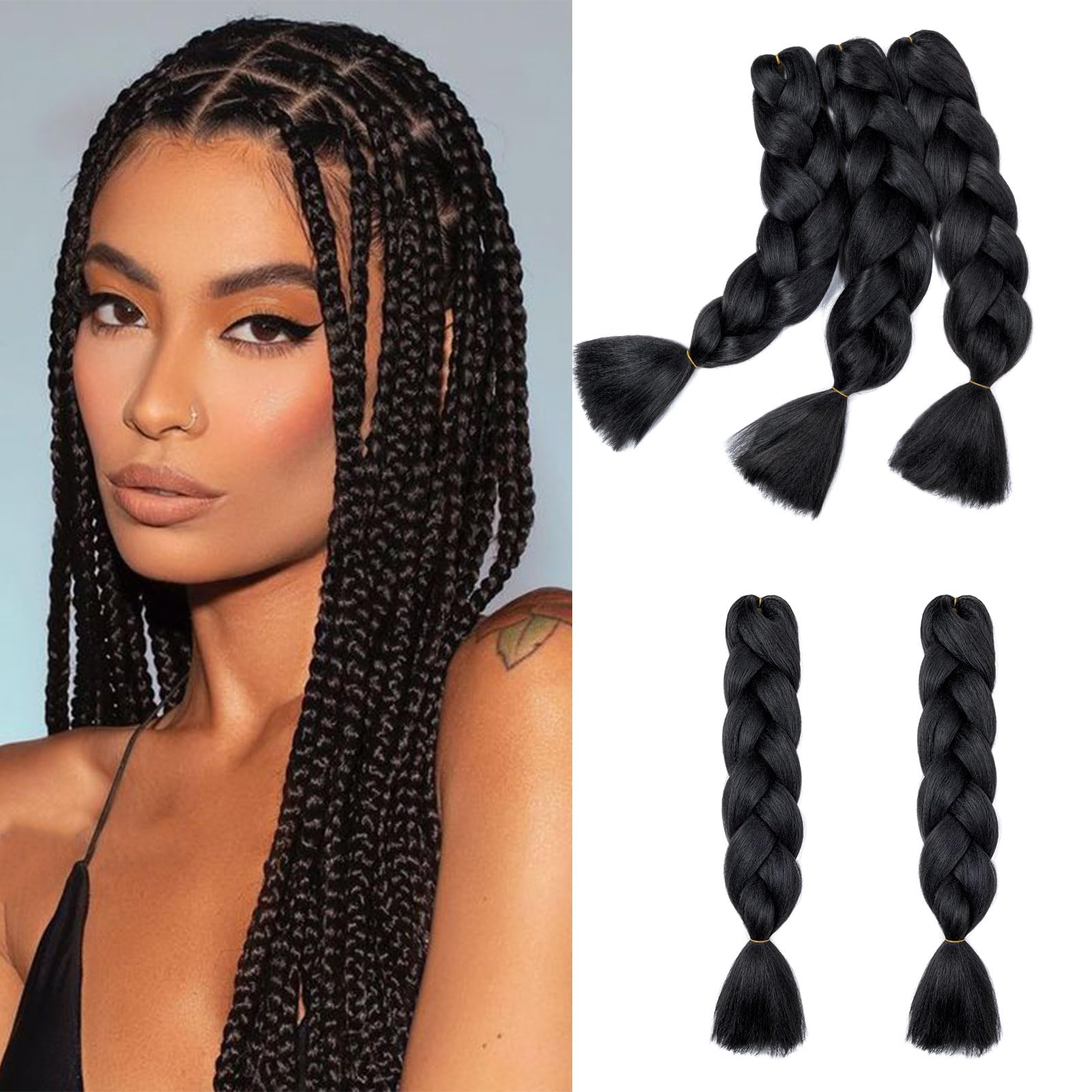 Gairyan Braiding Hair Extensions Ombre Jumbo Braids Synthetic Hair 5packs 24 inches 500g Coloured Hair for Braiding Extensions Box Braids Crochet Twist (Dark Black)