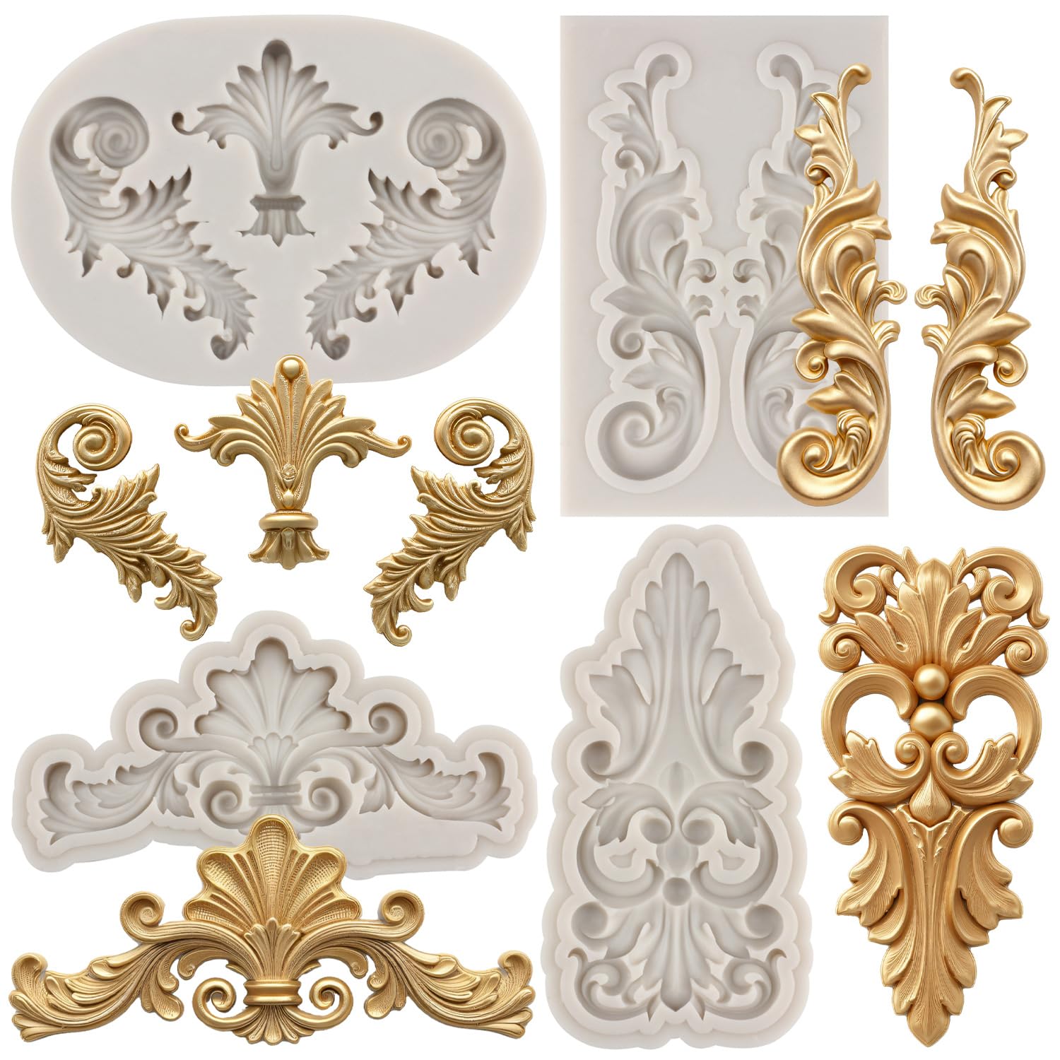 MYPRACS Baroque Style Curlicues Scroll Lace Silicone Mold Relief Flower Lace Fondant Molds Cake Border Decoration Cupcake Topper Polymer Clay Gum Paste Chocolate Candy Set of 4