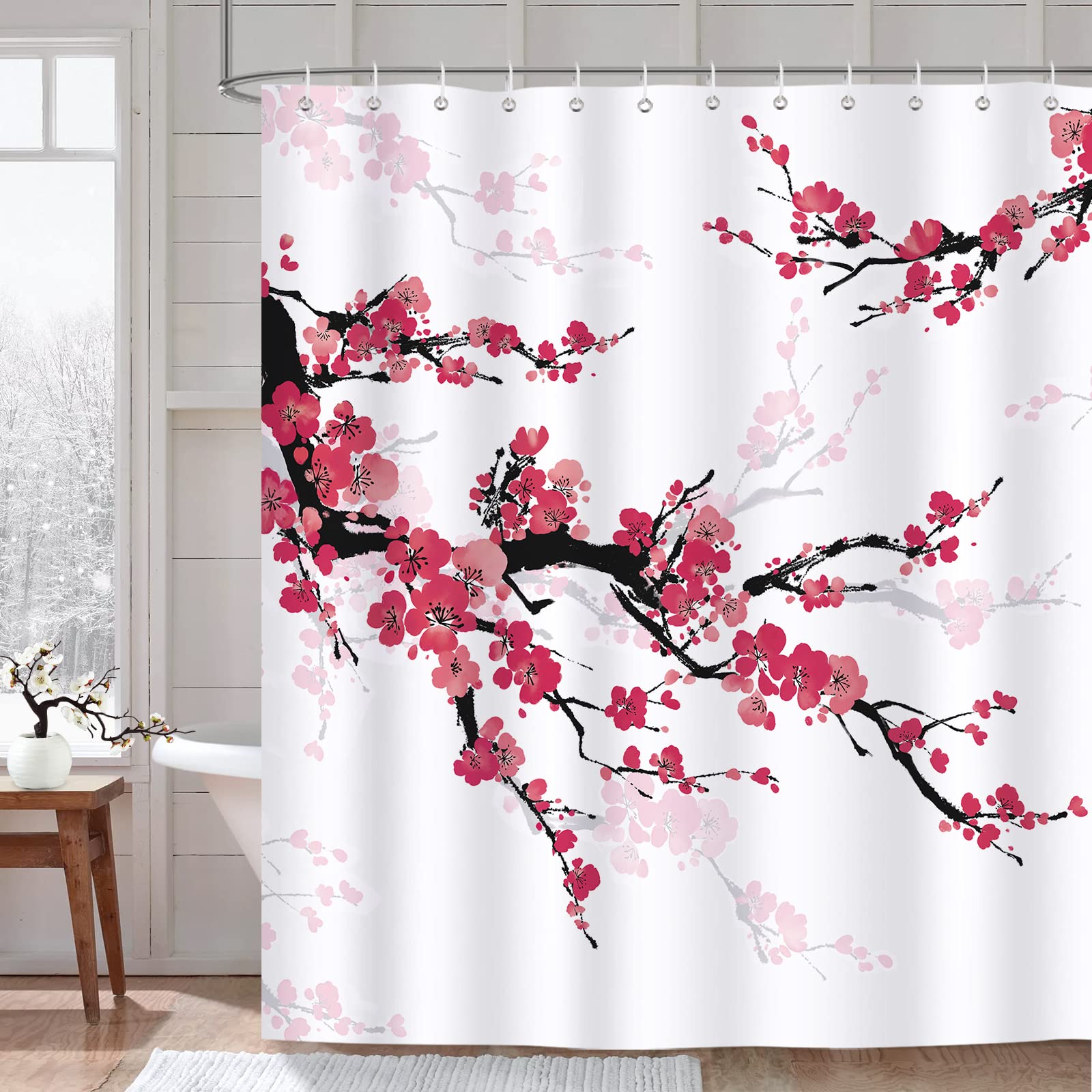 Bonhause Cherry Blossom Shower Curtain Red Plum Floral Japanese Bathroom Curtain 180 x 180 cm Waterproof Mildew & Mould Resistant Polyester Fabric Flowers Bath Curtain with 12 Hooks