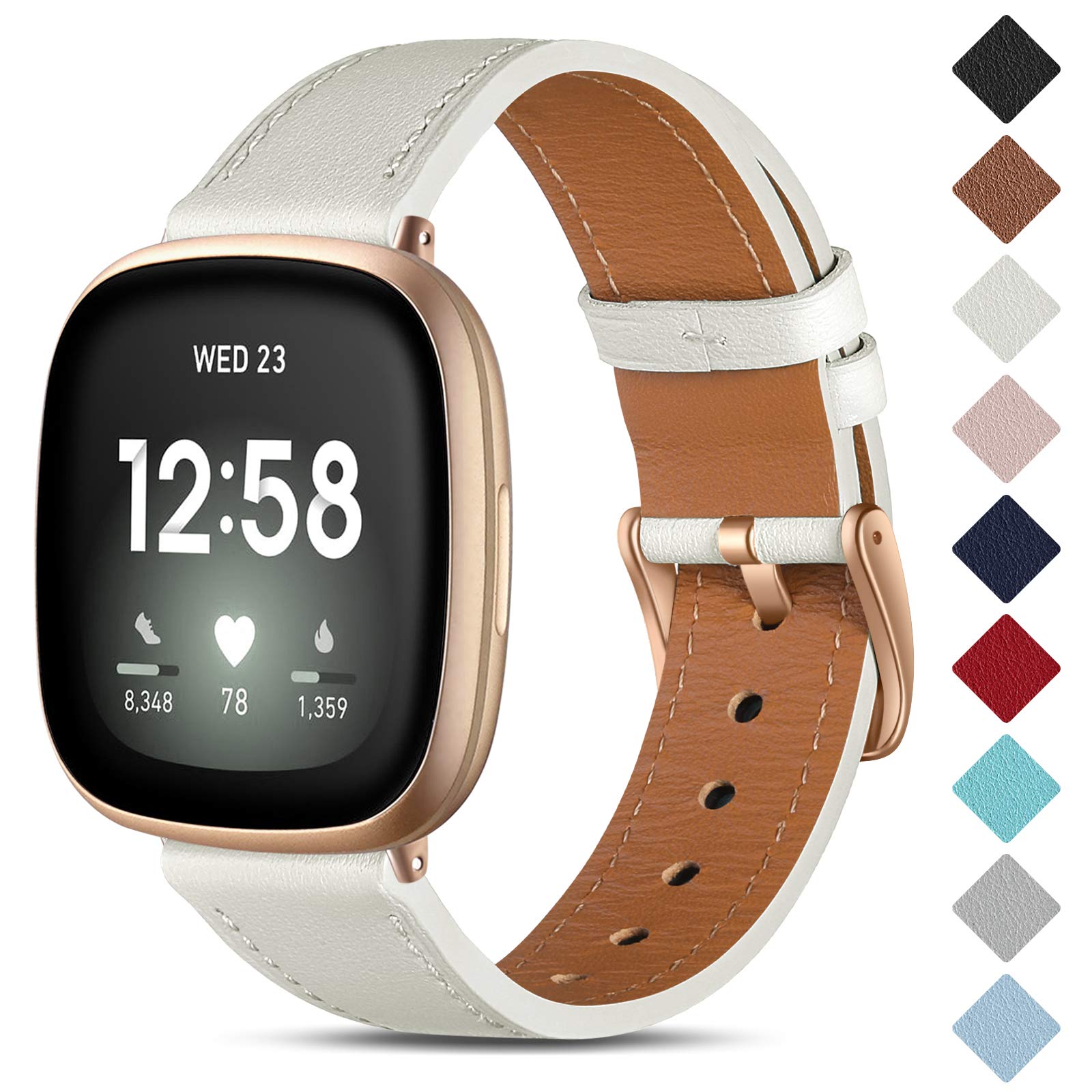 CeMiKa Leather Strap Compatible with Fitbit Sense/Fitbit Versa 3, Genuine Leather, Standard Watch Band, White/Rose Gold, Unisex, 5.5" - 8.5" (140mm-215mm) Wrist Size