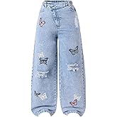Floerns Girl's Butterfly Print Asymmetric Waist Ripped Jeans Wide Leg Y2k Denim Pants