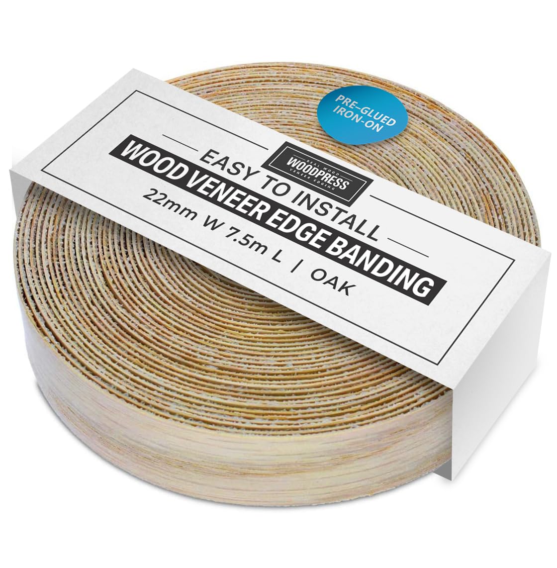 WoodPress® Real Oak Veneer Edging Tape – 22mm x 7.5m | Pre-Glued Iron on Edge Banding w/Hot Melt Adhesive