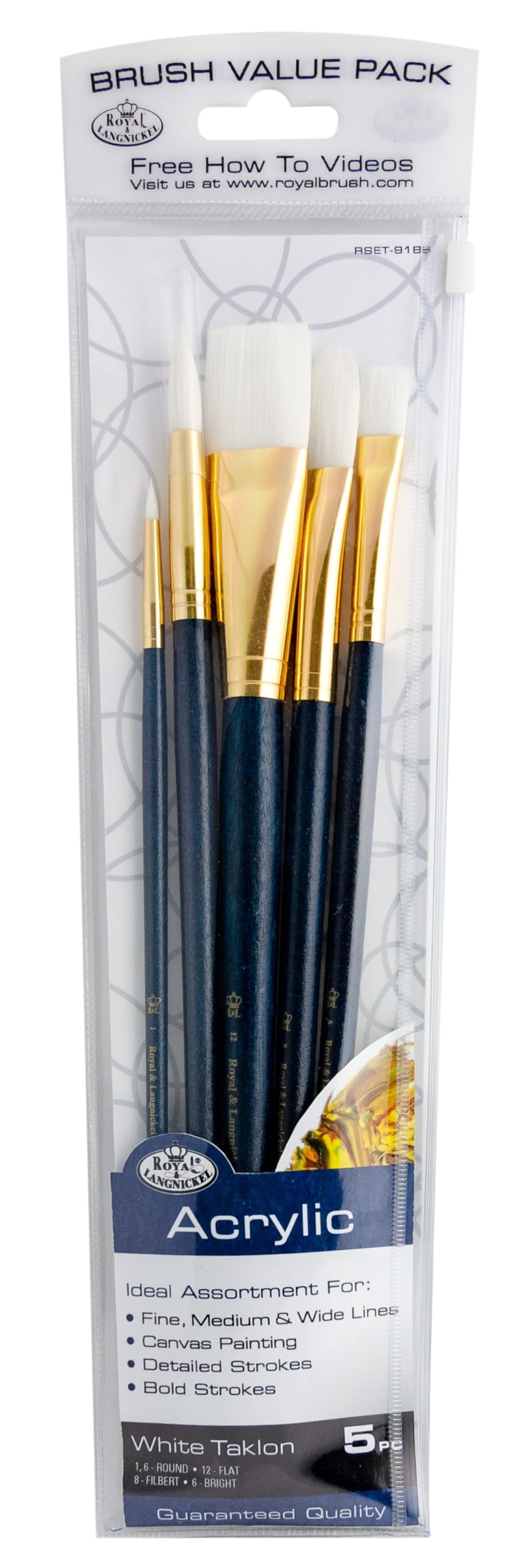 Royal and Langnickel Long Handle Taklon Variety Brush Set - White (Pack of 5)