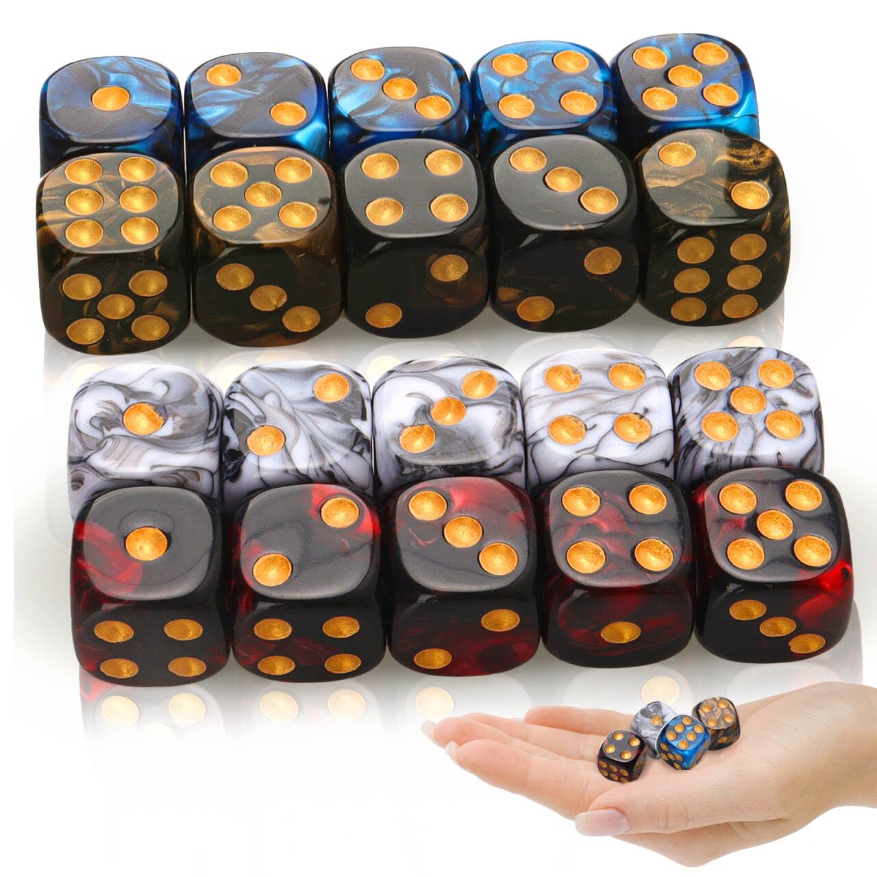 Cheynn Dice Set, 16 mm Colourful Dice Set, 4 Colours, D6 Acrylic Dice Set, Polyhedral Dice, Two-Tone Game Dice with Gold Pips, Colour Dice for Role Play, DND RPG Table Games