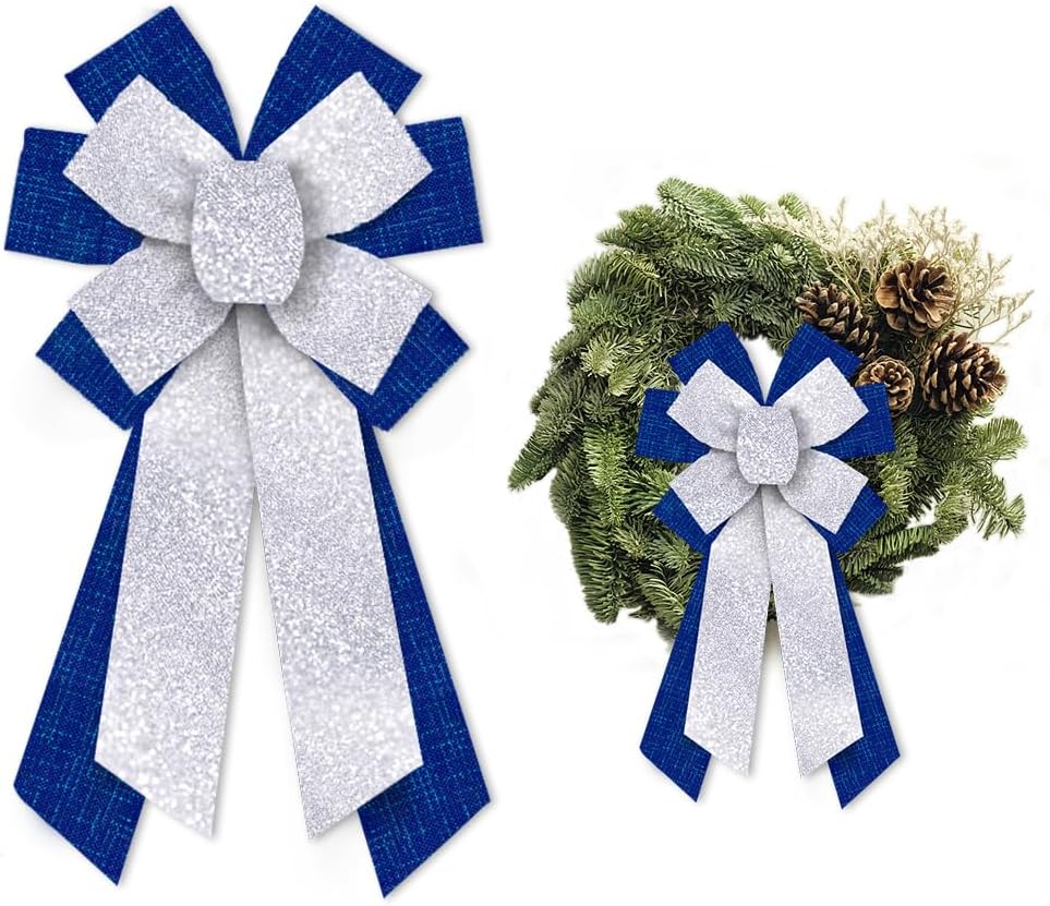 Bows & Ribbons - Glodecart Large Hanukkah Bow for Wreath, Glitter Silver Blue Wreath Bow for Hanukkah Party Décor Jewish Hebrew Christmas Bow for Front Door Indoor Outdoor Wall Tree Topper Decoration Supplies Ornament