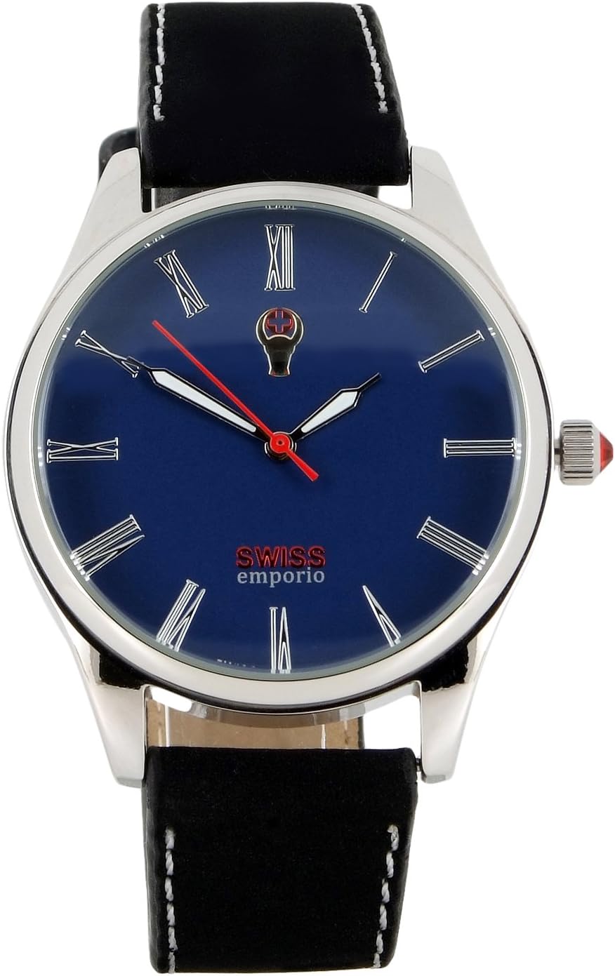 Swiss Emporio SE02BLSL10 Men's Quartz Watch with Blue Dial Analogue Display and Black Leather Strap