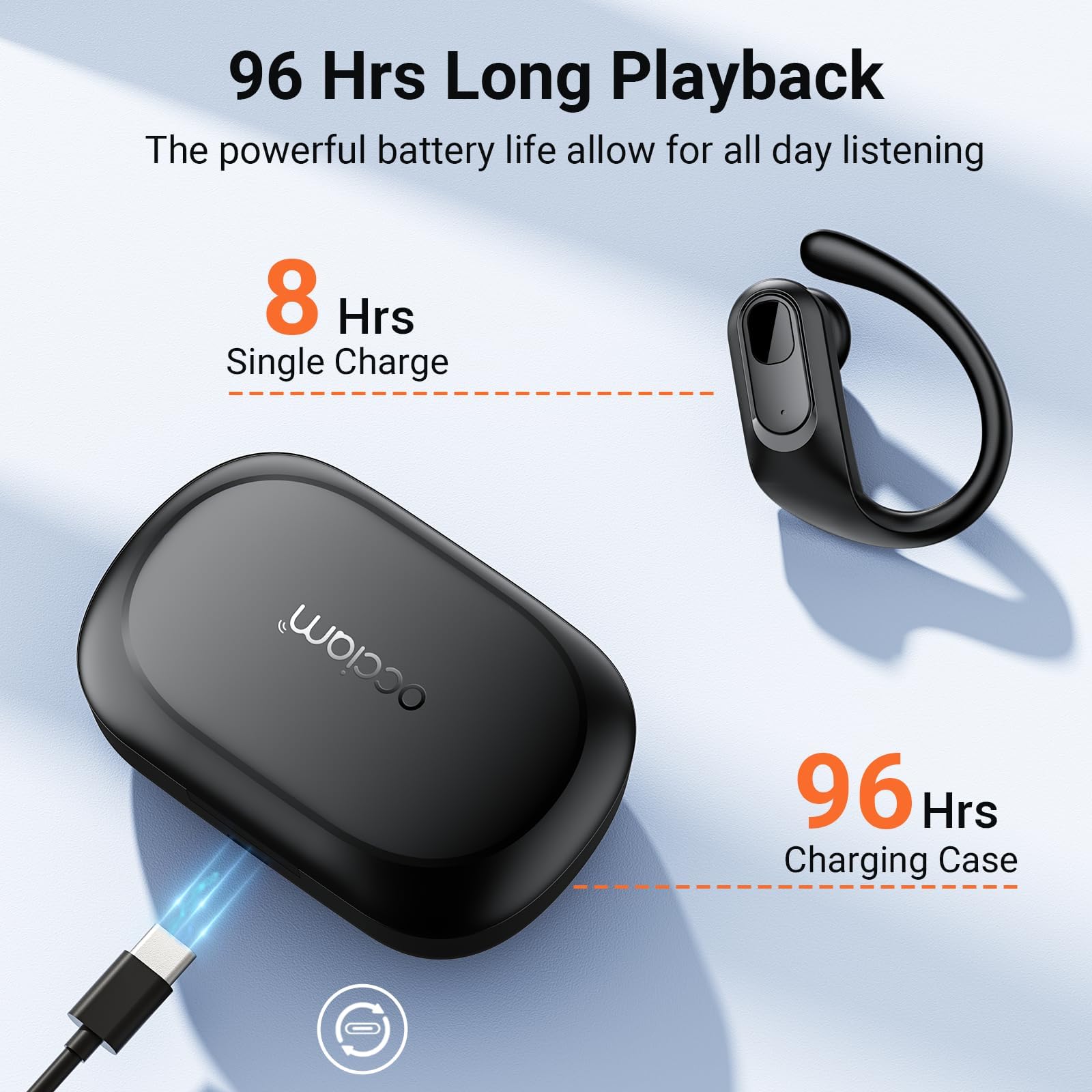 occiam Wireless Earbuds Bluetooth Headphones Ear Buds 96Hrs Playback Sport Over-Ear Waterproof Wireless Headphones Earphones with Earhooks ENC Mics Clear Call for Sport Running Workout Black