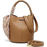 Women's small crossbody bag made of synthetic leather, mini bucket style shoulder bag with scarf, detachable shoulder strap