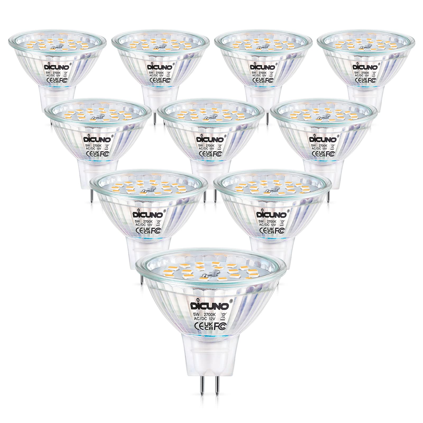 DiCUNO MR16 LED Light Bulbs, GU5.3 Spotlight Bulb Dimmable, 12V DC 5W Equivalent to 50W Halogen, Warm White 2700K, 440LM, 120° Beam Angle Bi-Pin Base Track Light, 10 Packs — image 1