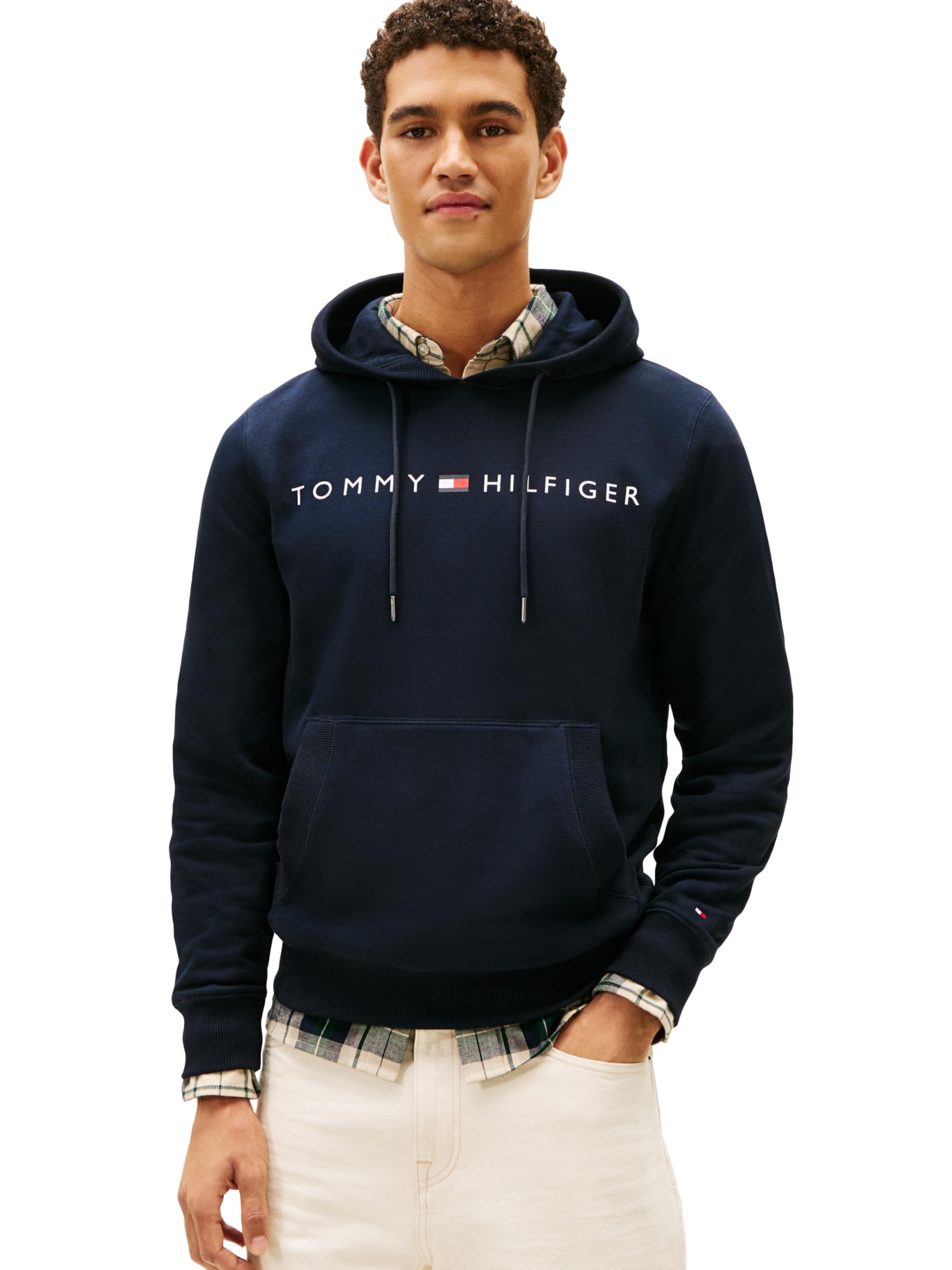 Tommy Hilfiger mens Logo Hooded Sweatshirt, Navy Blazer, Small US Image