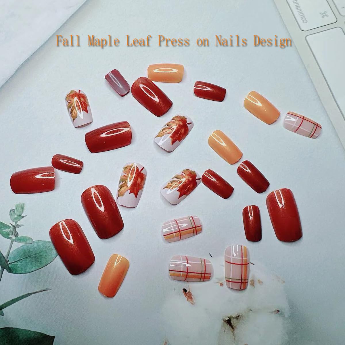 Thanksgiving Fall Press on Nails Medium Square Fake Nails Maple Leaf Orange Glitter Plaid Acrylic Nails Press ons Cute Autumn Leaves Design Full Cover Fall Coffin False Nails Stick on Nails for Women - Image 2