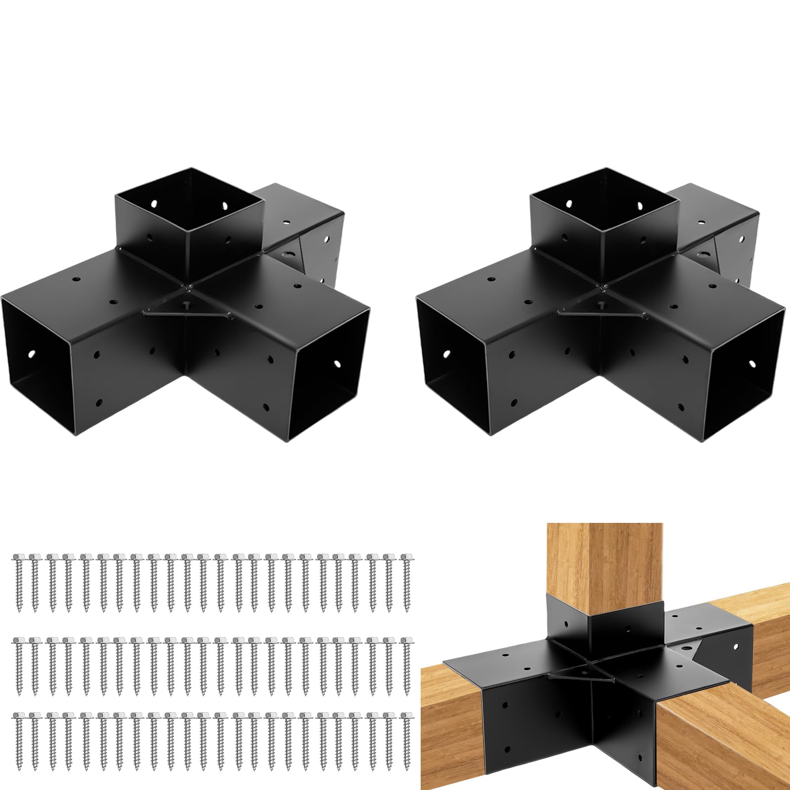 4-Pack Pergola Brackets – 3-Way Right Angle Corner Connector For 4x4 Lumber (3.5x3.5 Actual) – Carbon Steel, Black Powder-Coated