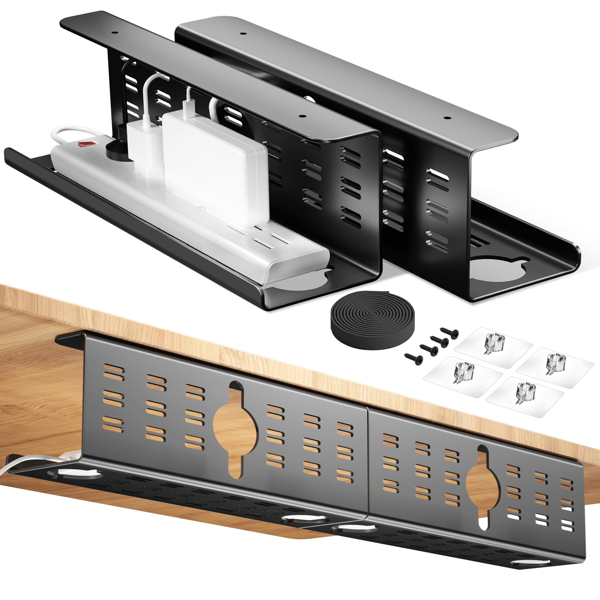 Photo 1 of 2 Pack Cable Management Under Desk Black, Cinati 32" Large Cable Management Tray, Under Desk Alloy Steel Wire Organizers, Cord Hider Tray for Office and Home - Tape or Screw Installation