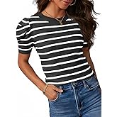 Dokotoo Women's Short Puff Sleeve Knit Tops 2026 Trendy Crewneck Striped T Shirts Casual Summer Blouses