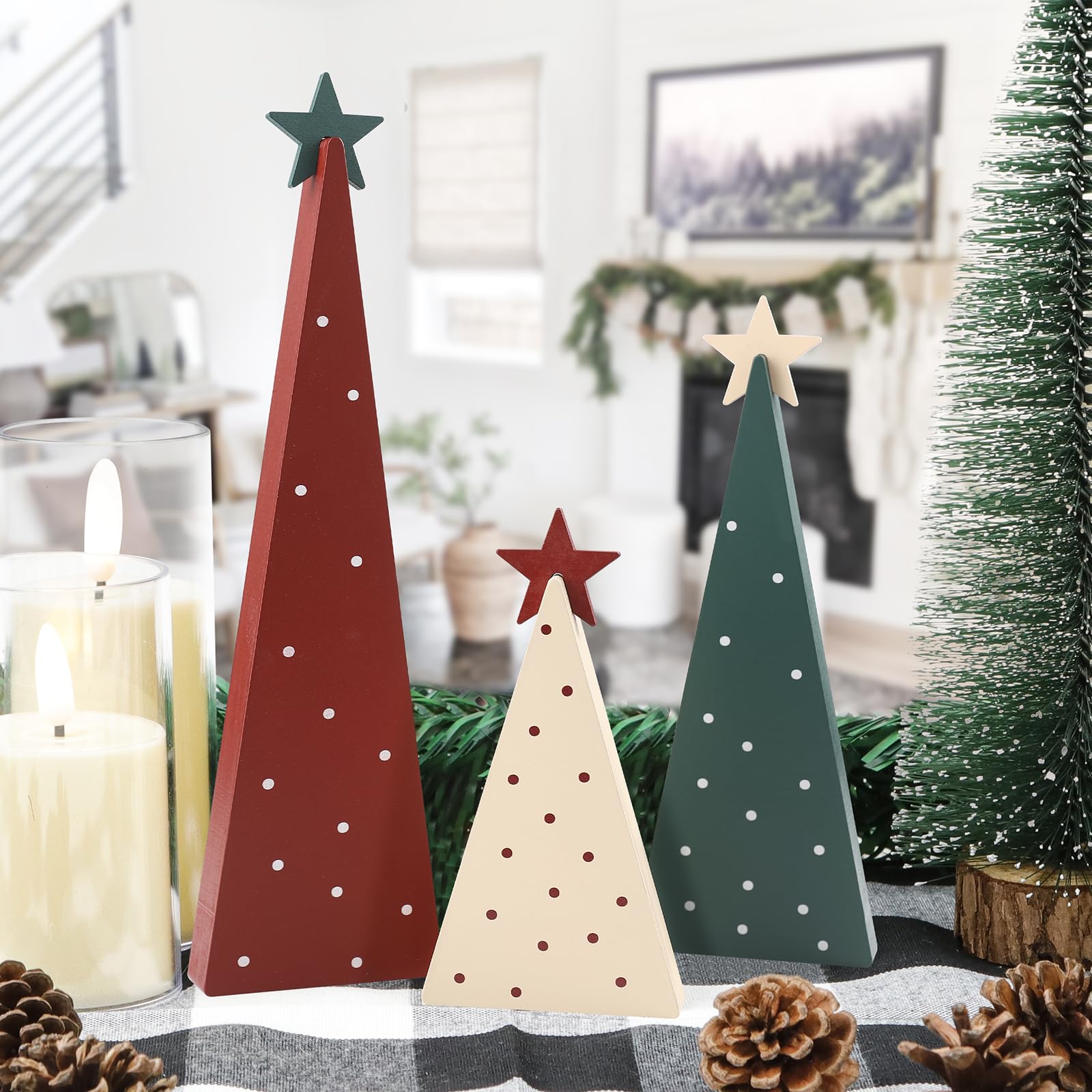 Christmas Decorations-Three Sizes Wooden Tree Sign with Star-Christmas Decorations for Home Shelf Mantel Fireplace Table Party Decor