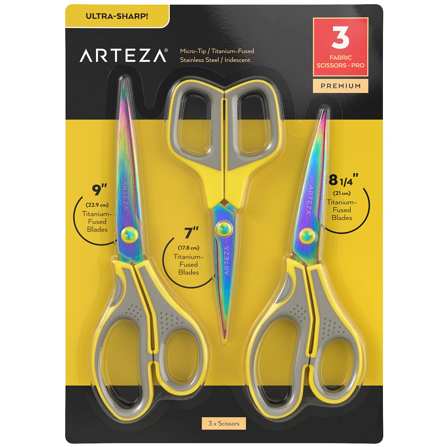 Arteza Fabric Scissors, Set of 3 – 17.8 cm, 21 cm, and 22.9 cm, Titanium-Coated Stainless Steel Scissors with Micro Tips, Sewing Supplies for Leather, Dressmaking, and Professional Crafting