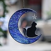 TWOQZ Stained Glass Cat on Moon Gifts, Handcrafted Blue Moon Suncatchers for Stained Glass Window Hangings for Cat Lovers